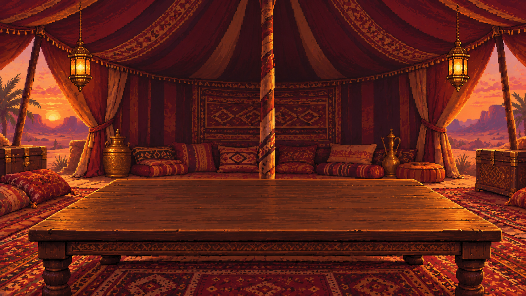 Inside the pixel-art canvas tent: amber lanterns, patterned rugs, and a wooden table among rich terracotta fabric.